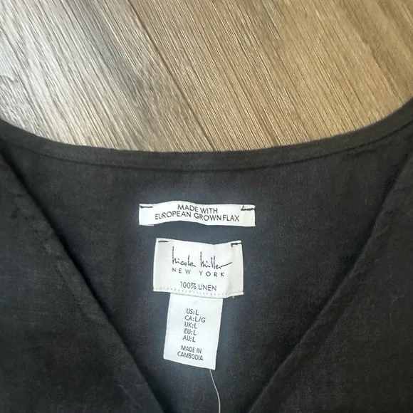 100% Black Linen Nicole Miller Black V-Neck Ruched Drawstring Top Shirt NWT - Picture 5 of 8